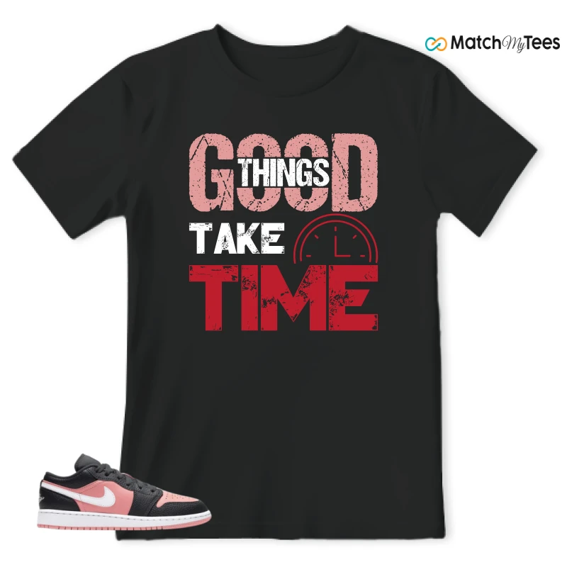 NIKE JORDAN 1 LOW BLACK PINK QUARTZ (GS) SNEAKER Matching Tees t-shirt