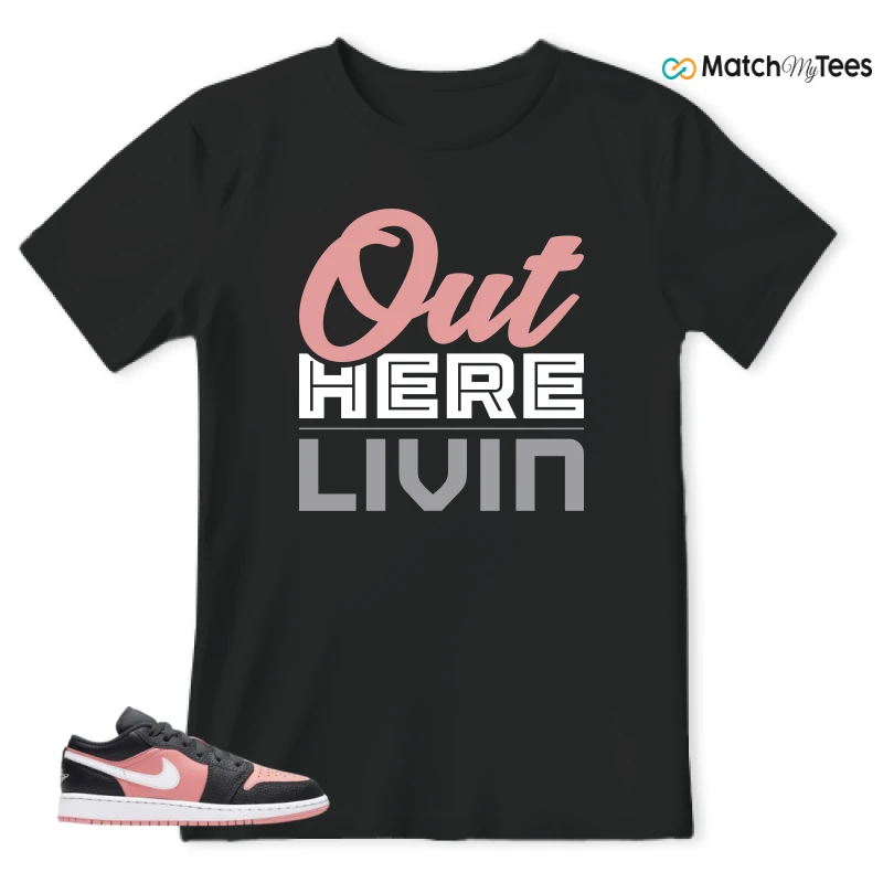 NIKE JORDAN 1 LOW BLACK PINK QUARTZ (GS) SNEAKER Matching Tees t-shirt