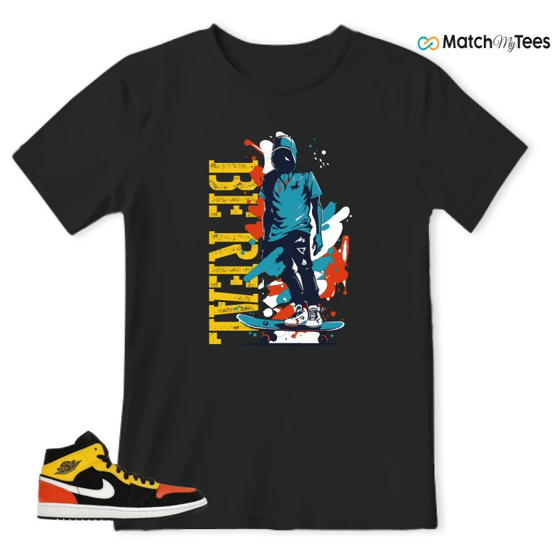 NIKE JORDAN 1 MID BLACK AMARILLO ORANGE SNEAKER Matching Tees t-shirt