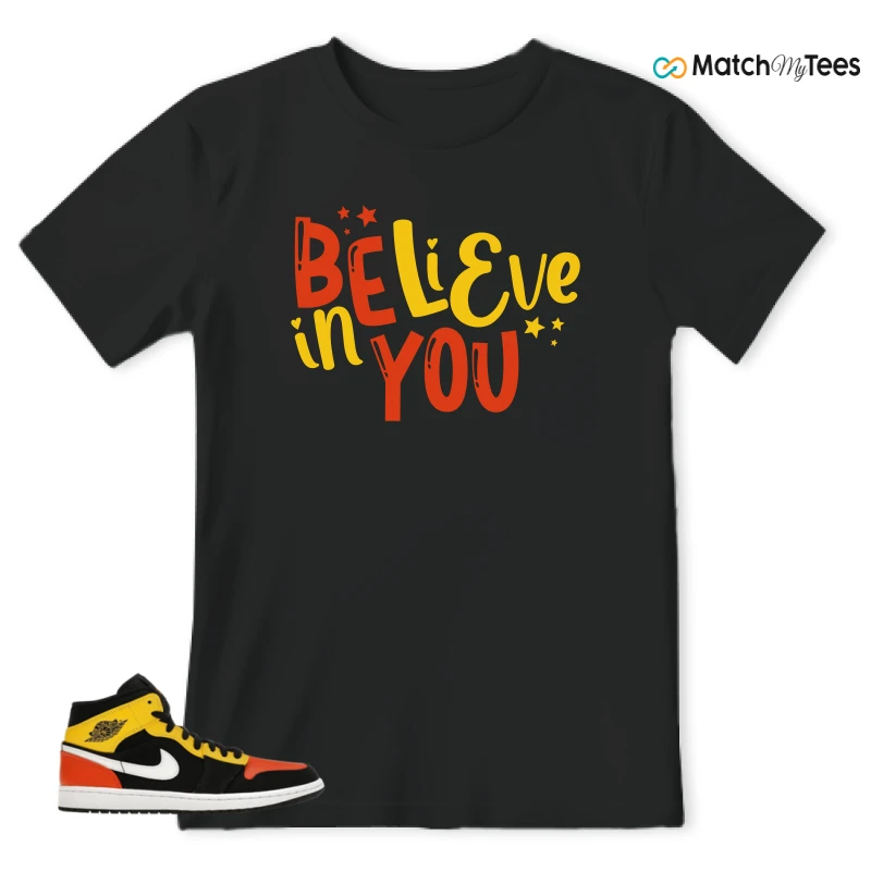 NIKE JORDAN 1 MID BLACK AMARILLO ORANGE SNEAKER Matching Tees t-shirt