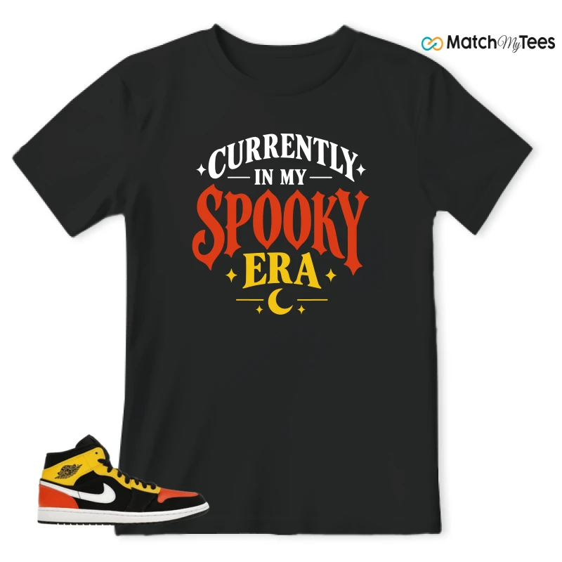 NIKE JORDAN 1 MID BLACK AMARILLO ORANGE SNEAKER/BLACK/AMARILLO/WHITE/TEAM ORANGE matching T-shirt