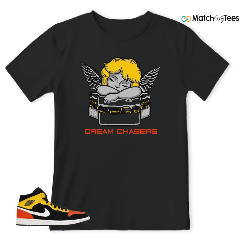 NIKE JORDAN 1 MID BLACK AMARILLO ORANGE SNEAKER Matching Tees t-shirt