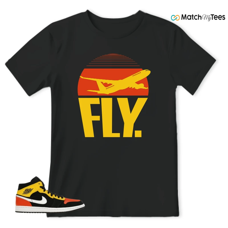 NIKE JORDAN 1 MID BLACK AMARILLO ORANGE SNEAKER Matching Tees t-shirt