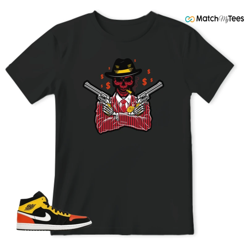 NIKE JORDAN 1 MID BLACK AMARILLO ORANGE SNEAKER Matching Tees t-shirt