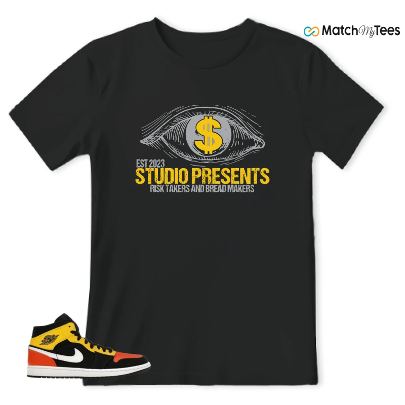 NIKE JORDAN 1 MID BLACK AMARILLO ORANGE SNEAKER Matching Tees t-shirt