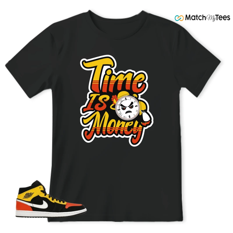 NIKE JORDAN 1 MID BLACK AMARILLO ORANGE SNEAKER Matching Tees t-shirt