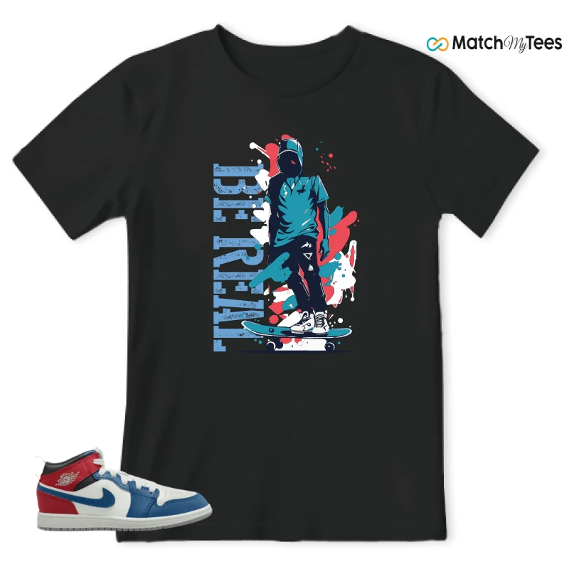 NIKE JORDAN 1 MID TRUE BLUE VARSITY RED (PS) SNEAKER Matching Tees t-shirt