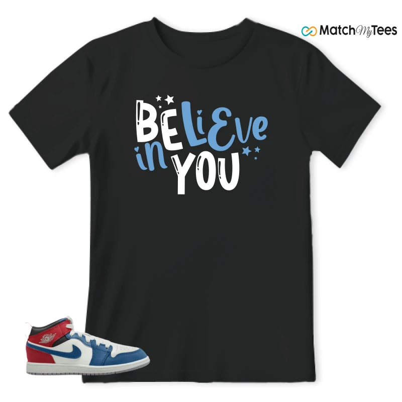 NIKE JORDAN 1 MID TRUE BLUE VARSITY RED (PS) SNEAKER Matching Tees t-shirt
