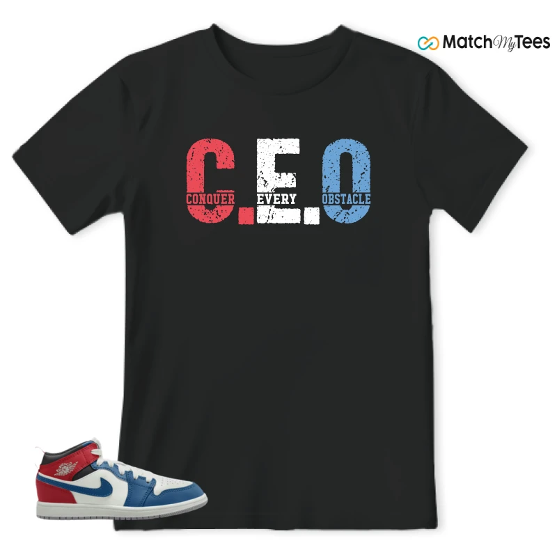NIKE JORDAN 1 MID TRUE BLUE VARSITY RED (PS) SNEAKER Matching Tees t-shirt