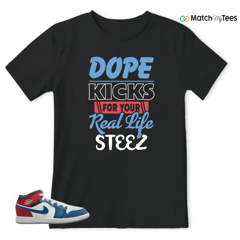 NIKE JORDAN 1 MID TRUE BLUE VARSITY RED (PS) SNEAKER Matching Tees t-shirt