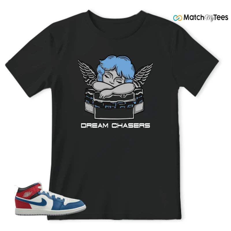 NIKE JORDAN 1 MID TRUE BLUE VARSITY RED (PS) SNEAKER Matching Tees t-shirt