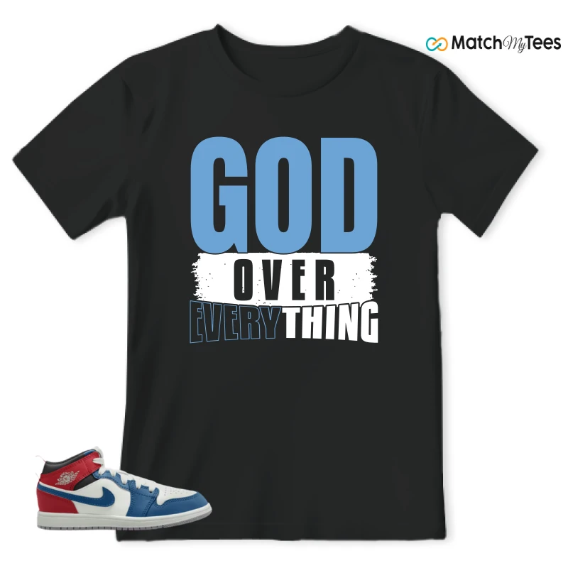 NIKE JORDAN 1 MID TRUE BLUE VARSITY RED (PS) SNEAKER Matching Tees t-shirt
