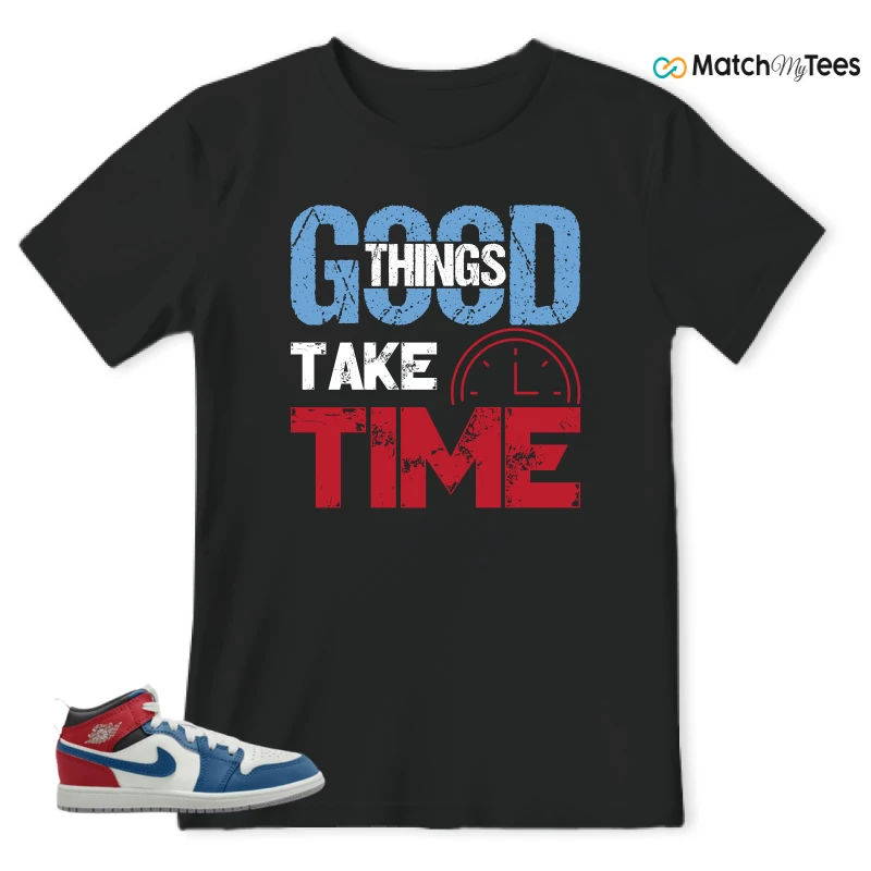 NIKE JORDAN 1 MID TRUE BLUE VARSITY RED (PS) SNEAKER Matching Tees t-shirt