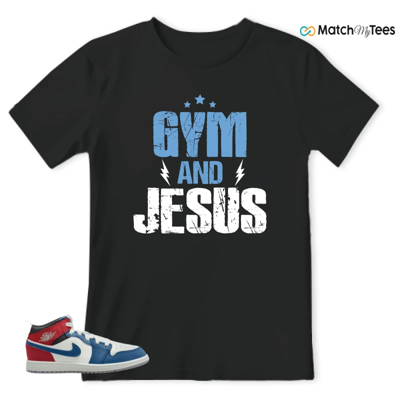 NIKE JORDAN 1 MID TRUE BLUE VARSITY RED (PS) SNEAKER Matching Tees t-shirt