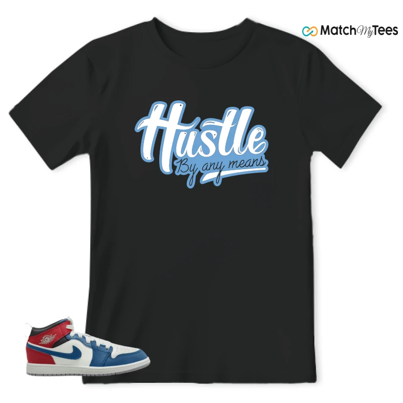 NIKE JORDAN 1 MID TRUE BLUE VARSITY RED (PS) SNEAKER Matching Tees t-shirt