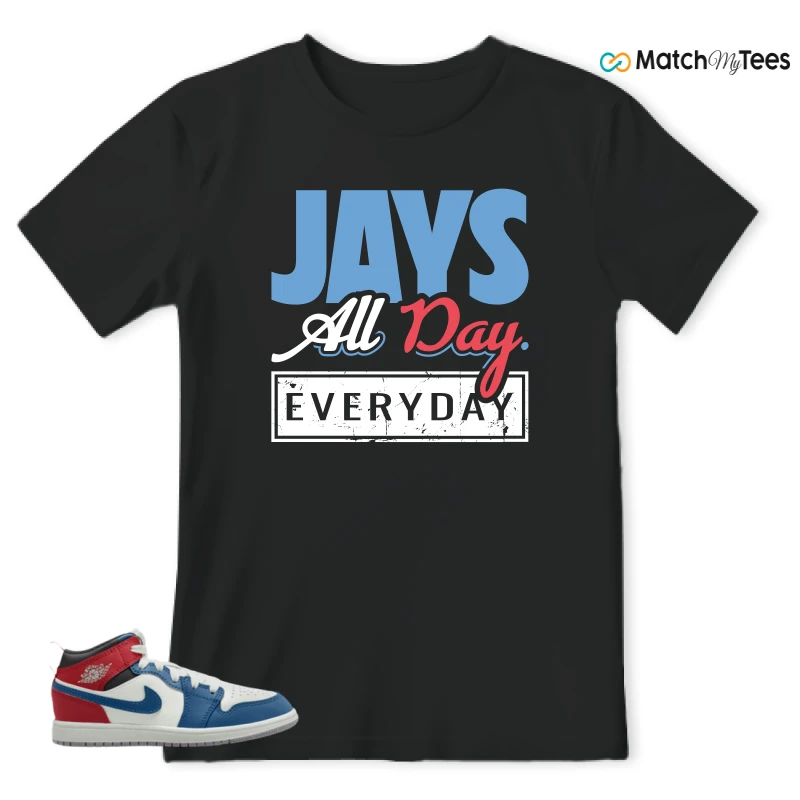 NIKE JORDAN 1 MID TRUE BLUE VARSITY RED (PS) SNEAKER Matching Tees t-shirt