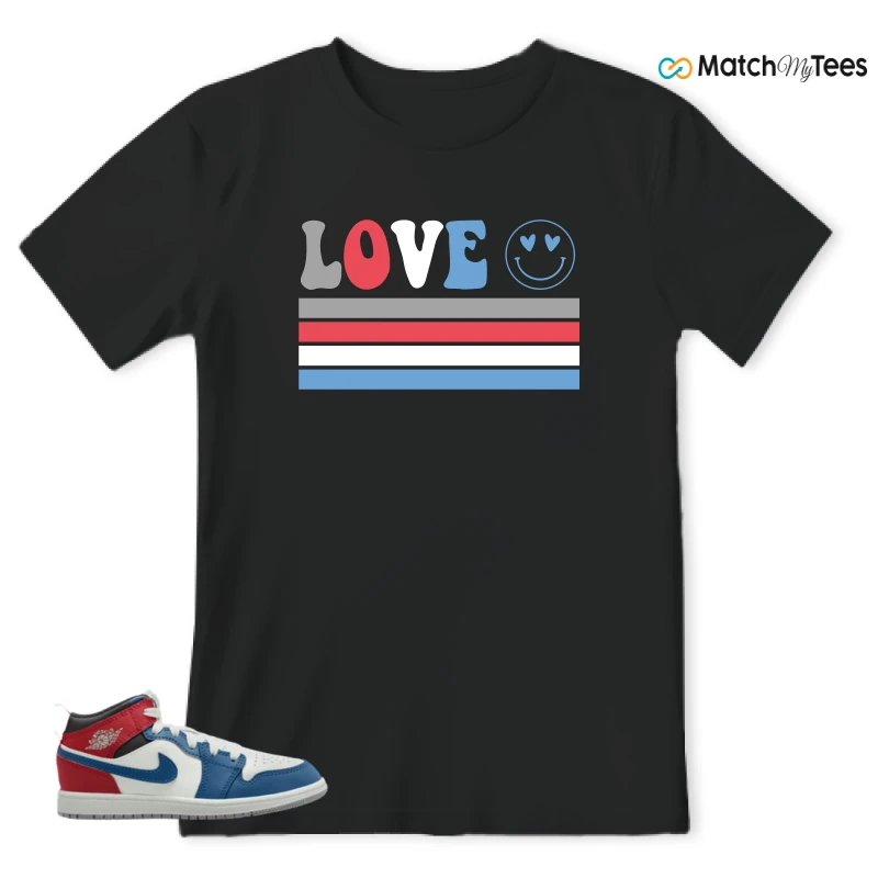 NIKE JORDAN 1 MID TRUE BLUE VARSITY RED (PS) SNEAKER Matching Tees t-shirt