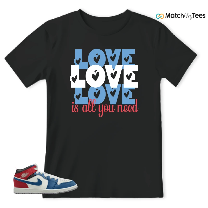 NIKE JORDAN 1 MID TRUE BLUE VARSITY RED (PS) SNEAKER Matching Tees t-shirt
