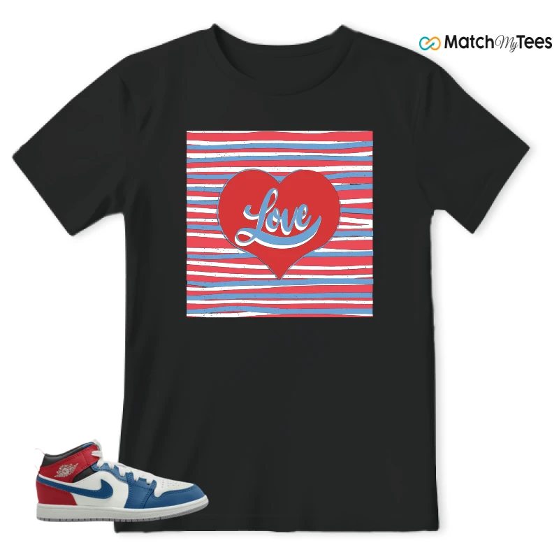 NIKE JORDAN 1 MID TRUE BLUE VARSITY RED (PS) SNEAKER Matching Tees t-shirt