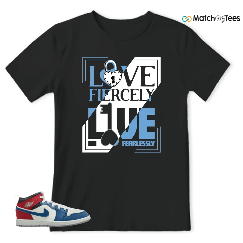 NIKE JORDAN 1 MID TRUE BLUE VARSITY RED (PS) SNEAKER Matching Tees t-shirt