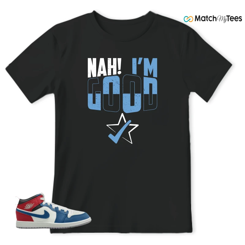 NIKE JORDAN 1 MID TRUE BLUE VARSITY RED (PS) SNEAKER Matching Tees t-shirt