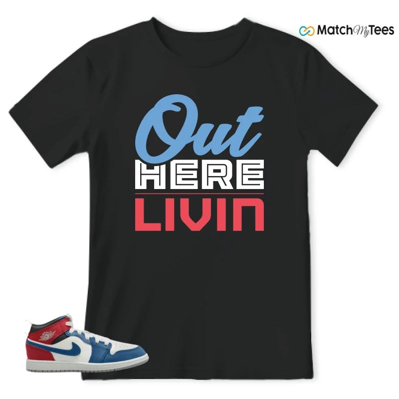 NIKE JORDAN 1 MID TRUE BLUE VARSITY RED (PS) SNEAKER Matching Tees t-shirt