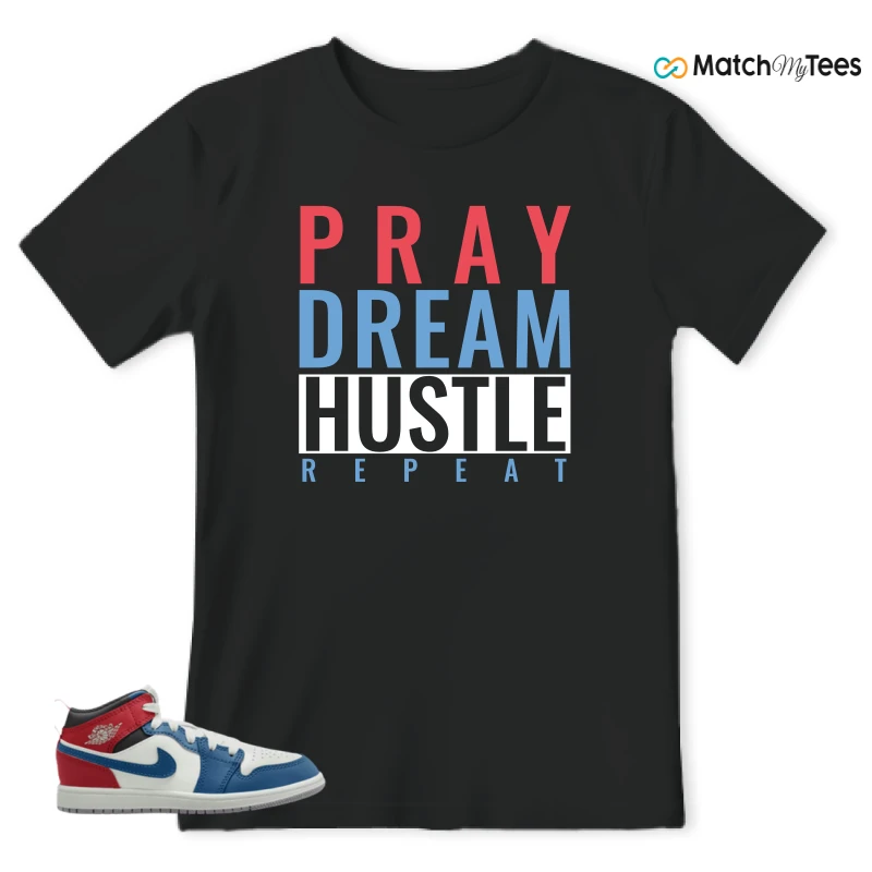 NIKE JORDAN 1 MID TRUE BLUE VARSITY RED (PS) SNEAKER Matching Tees t-shirt