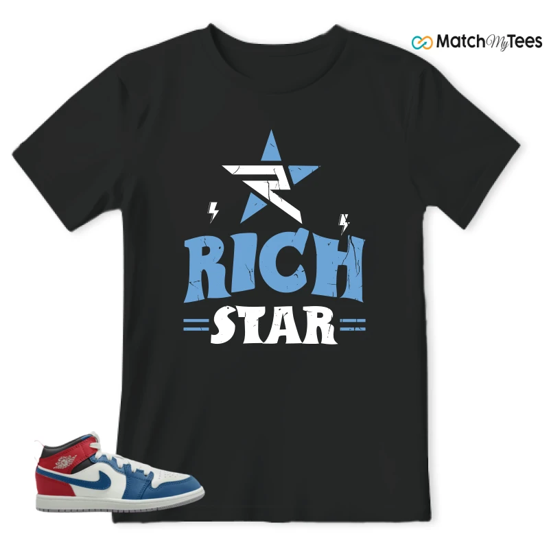 NIKE JORDAN 1 MID TRUE BLUE VARSITY RED (PS) SNEAKER Matching Tees t-shirt