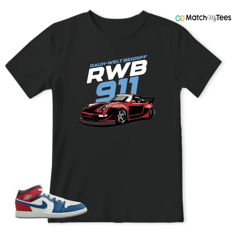 NIKE JORDAN 1 MID TRUE BLUE VARSITY RED (PS) SNEAKER Matching Tees t-shirt