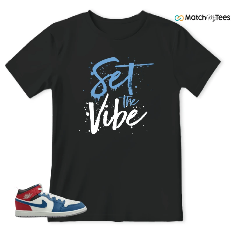 NIKE JORDAN 1 MID TRUE BLUE VARSITY RED (PS) SNEAKER Matching Tees t-shirt