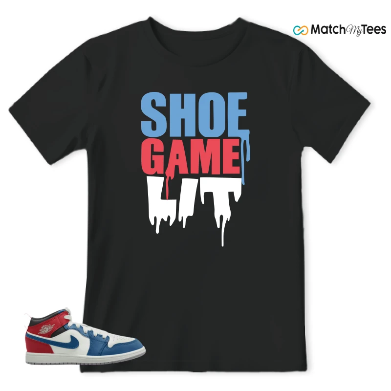 NIKE JORDAN 1 MID TRUE BLUE VARSITY RED (PS) SNEAKER Matching Tees t-shirt