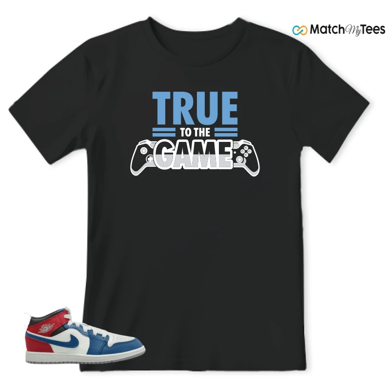 NIKE JORDAN 1 MID TRUE BLUE VARSITY RED (PS) SNEAKER Matching Tees t-shirt