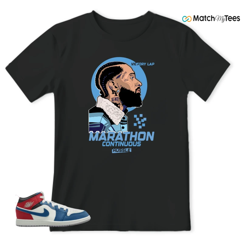 NIKE JORDAN 1 MID TRUE BLUE VARSITY RED (PS) SNEAKER Matching Tees t-shirt
