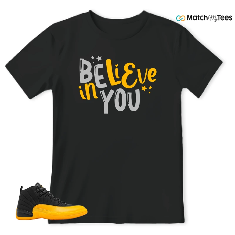 NIKE JORDAN 12 RETRO BLACK UNIVERSITY GOLD SNEAKER Matching Tees t-shirt