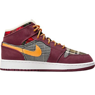NIKE AIR JORDAN 1 MID SE GS PLAID SNEAKER NIGHT MAROON/BLACK